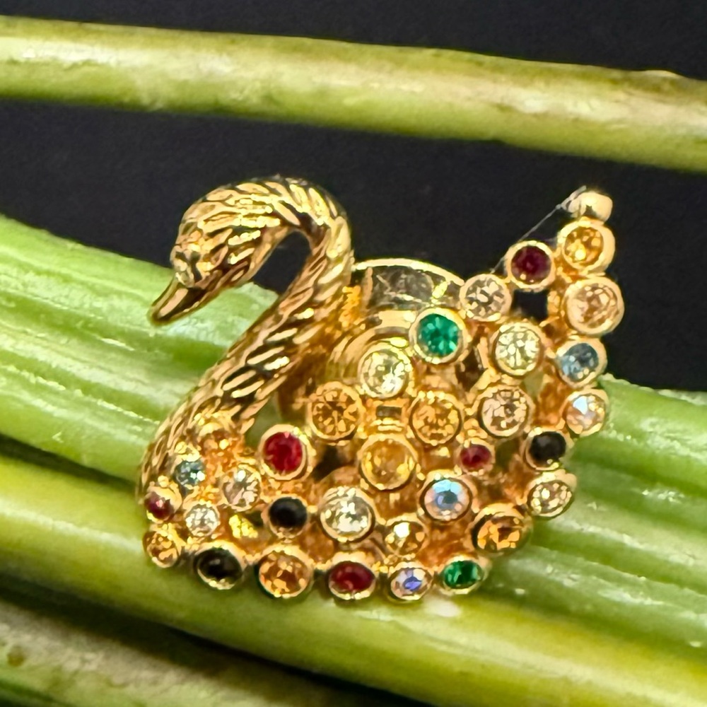 Vintage Swarovski Swan Signed Gold-Plated Multicolored Crystals Swan Lapel Pin